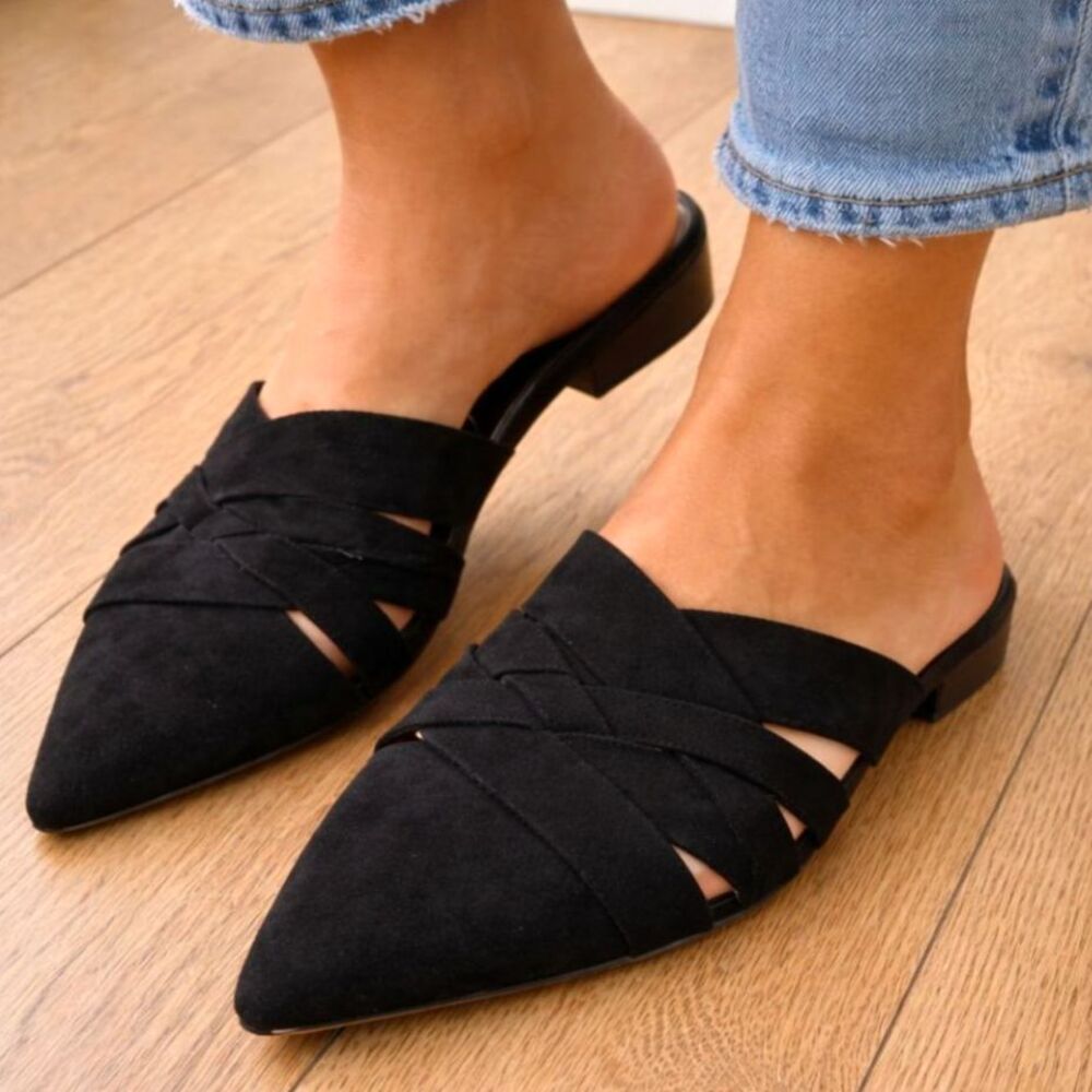 Black Pointed Toe Mules Size 7 Woven Crisscross Flats Slip On Shoes